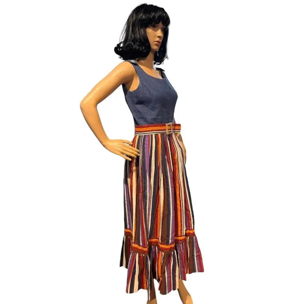 Vintage 1970s PLW Denim & Striped Prairie Midi Dress Boho Belted